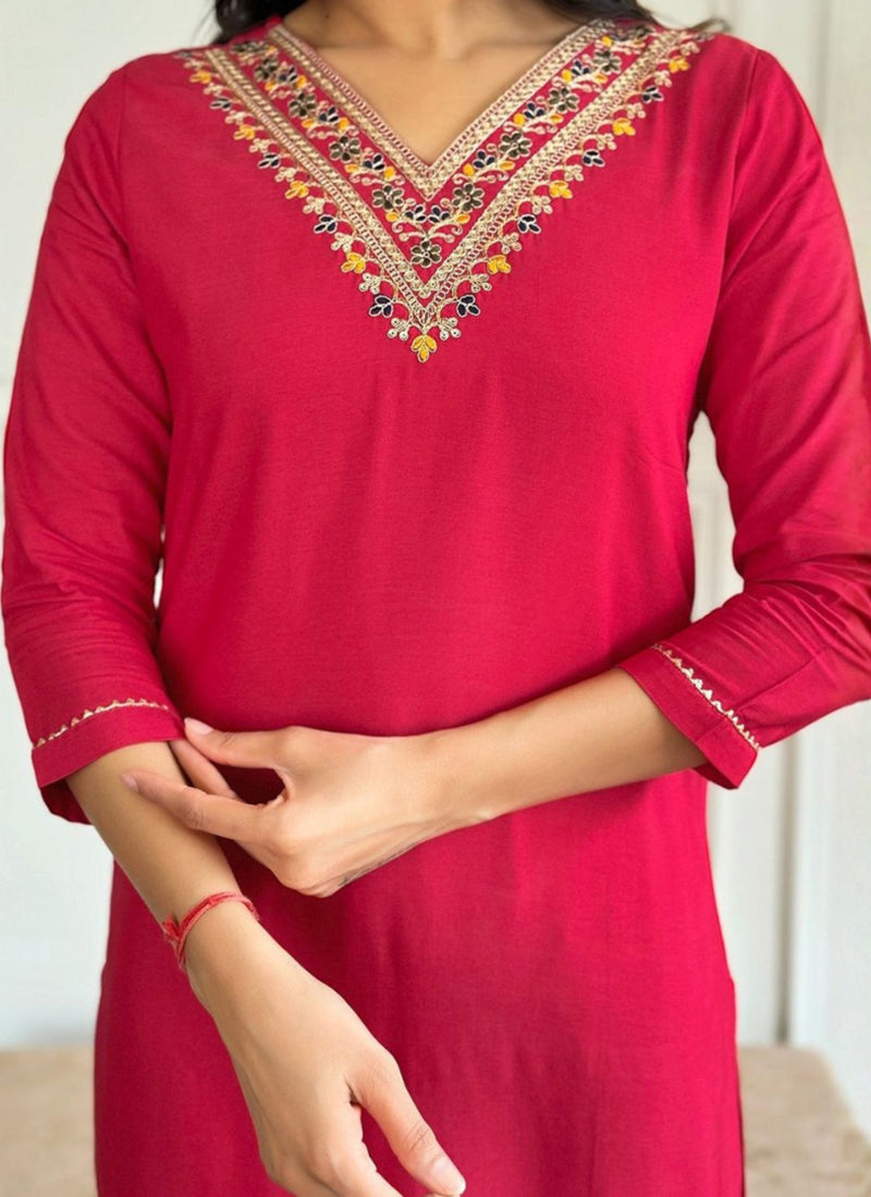 Hot Pink Embroidered Rayon Straight Kurta Set