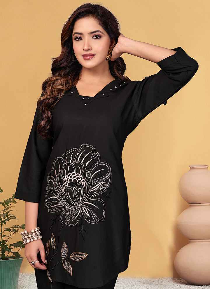 Viscose Rayon Black V Neck Cord Set For Outwear