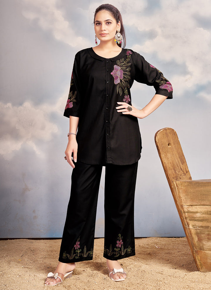 Black Rayon Embroidered Cord Set For Special Occasions