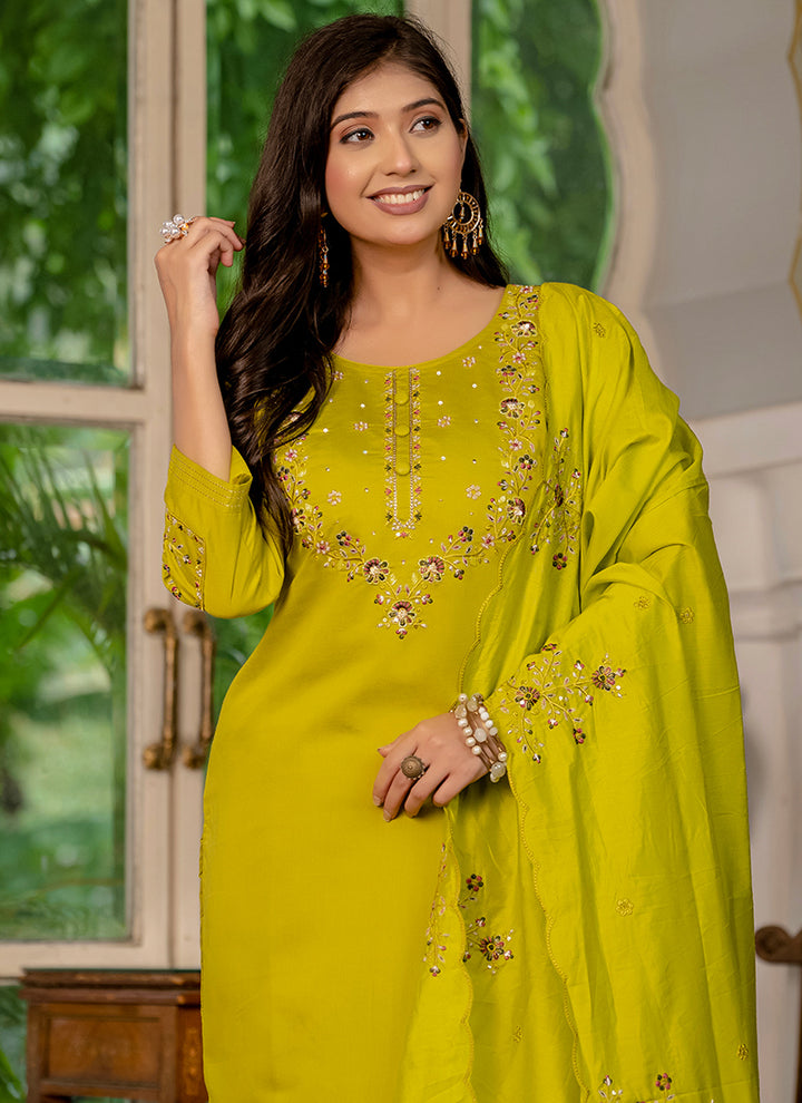 Light Green Marina Silk Embroidered Festive Kurta Set