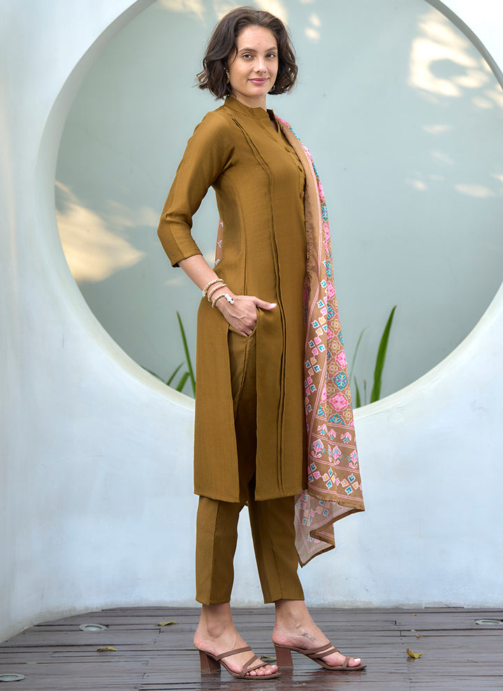 Mustard Vatican Straight Kurta Set With Printed Dupatta