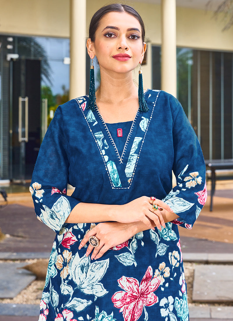 Blue Cotton Embroidered Festive Wear Cord Set