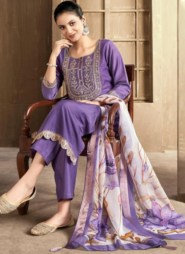 Deep Lavender Embroidered Rayon Straight Kurta Set
