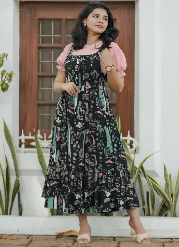 Black And Peach Rayon Printed Dungaree Dress