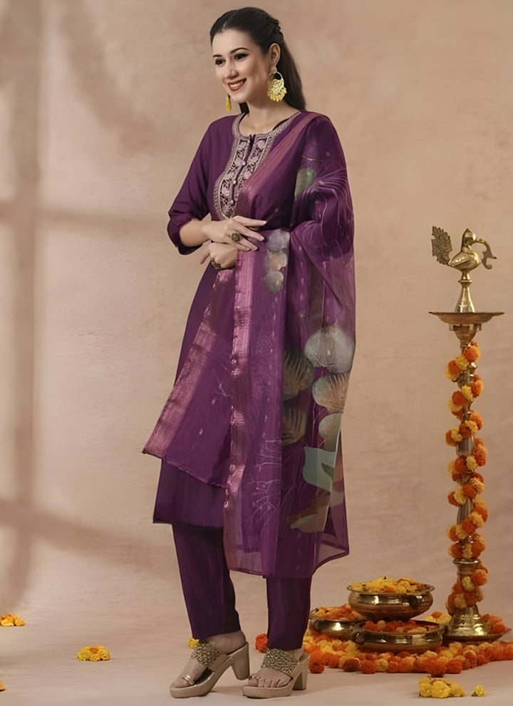 Wine Embroidered Cottton Straight Kurta Set