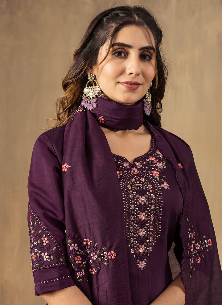Wine Thread Embroidered Roman Silk Kurta Set