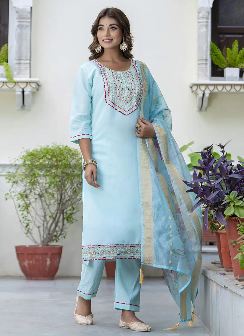 Aqua Blue Cotton Embroidered Festive Wear Kurta Set