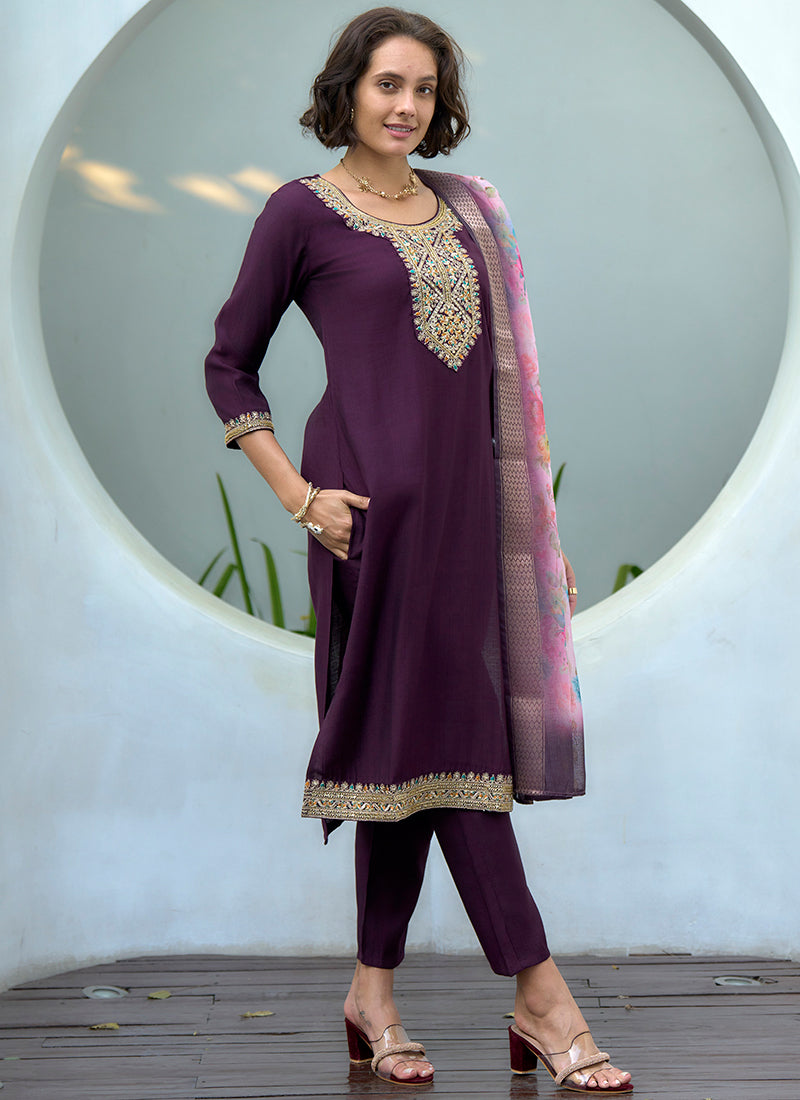 Wine Embroidered Straight Kurta Set With Dupatta