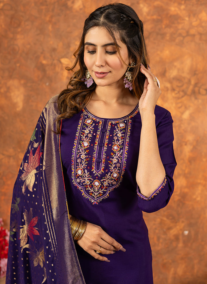 Purple Marina Silk Embroidered Kurta Set