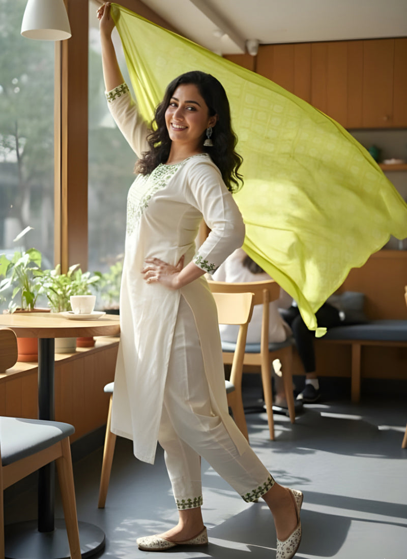 White Thread Embroidered Rayon Straight Kurta Set
