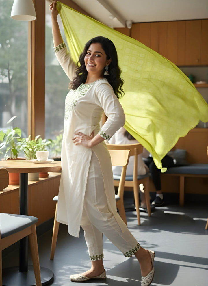 White Thread Embroidered Rayon Straight Kurta Set