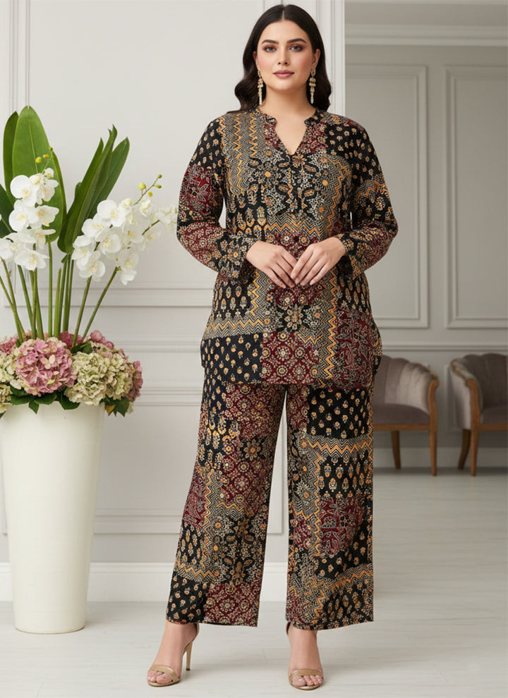 Black Soft Rayon Cotton Printed Cord Set