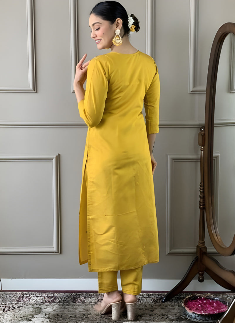 Yellow Embroidered Cottton Straight Ceremonial Kurta Set