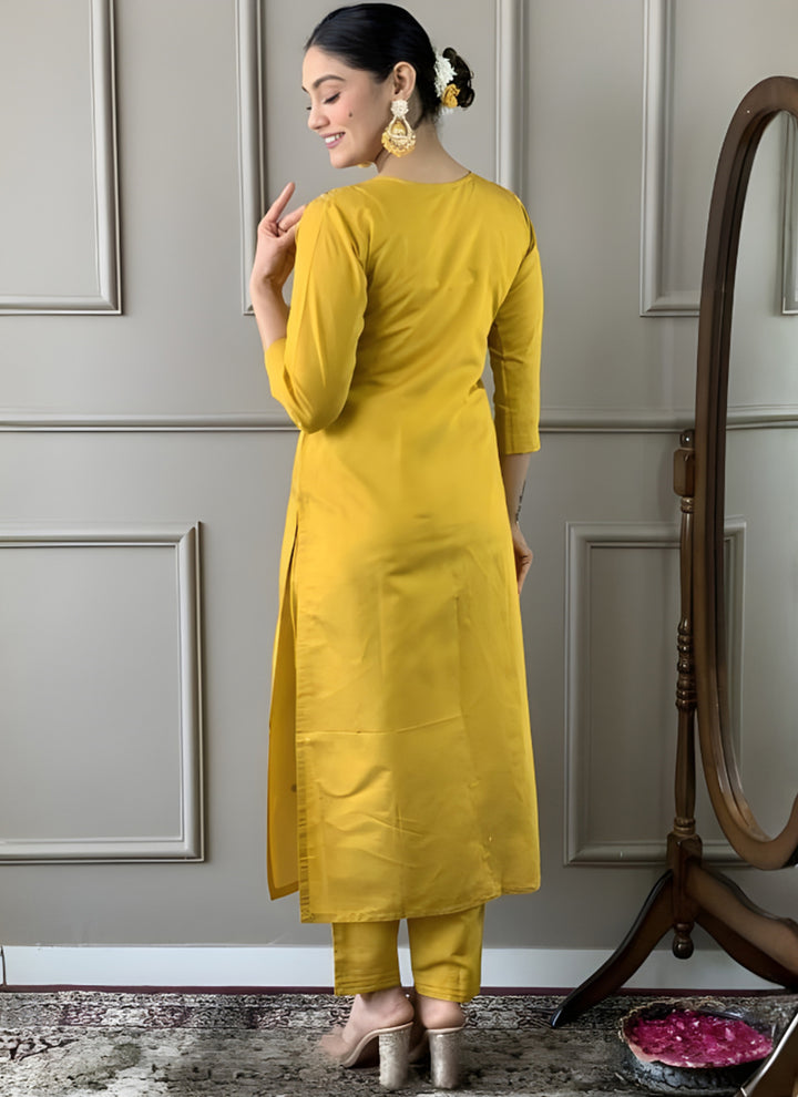 Yellow Embroidered Cottton Straight Ceremonial Kurta Set
