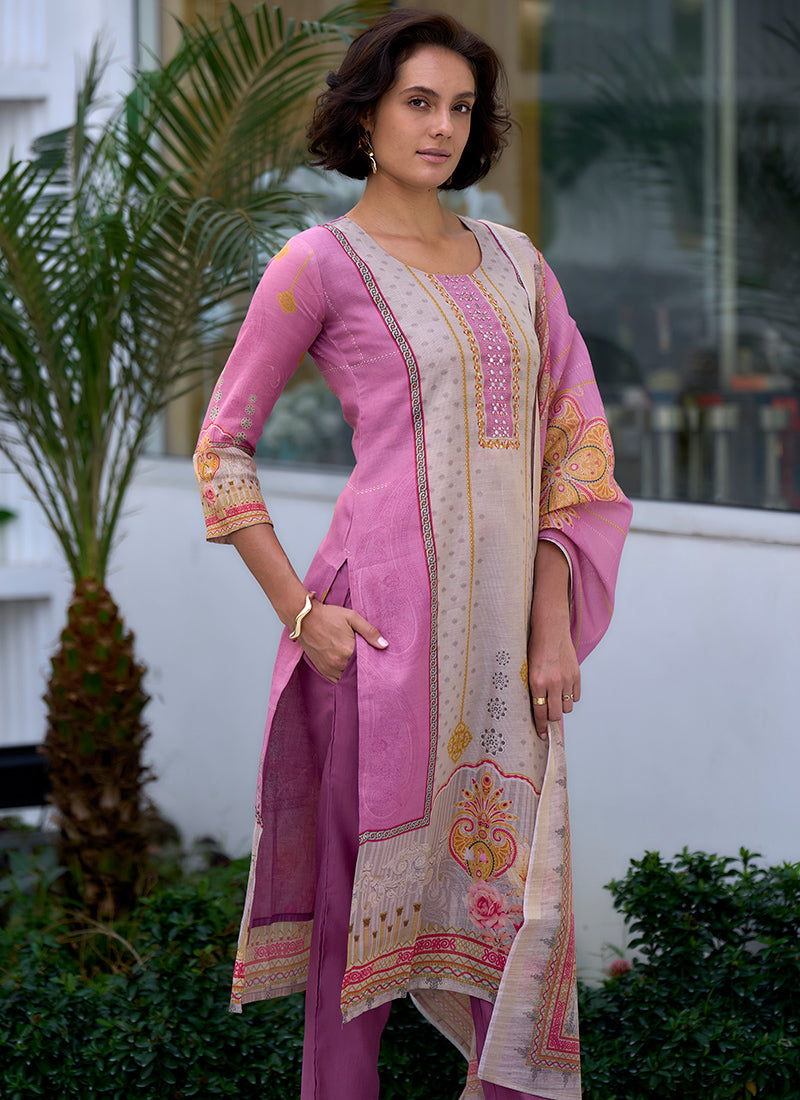 Grey And Pink Printed Silk Blend Festive Wear Kurta Set