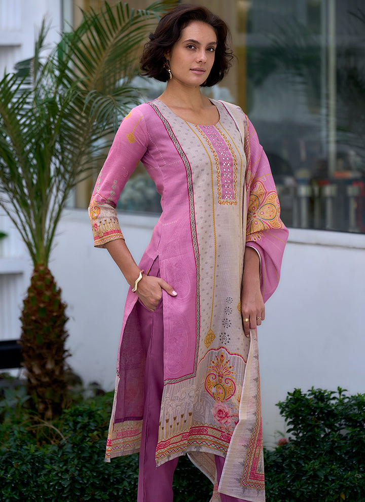 Grey And Pink Printed Silk Blend Festive Wear Kurta Set