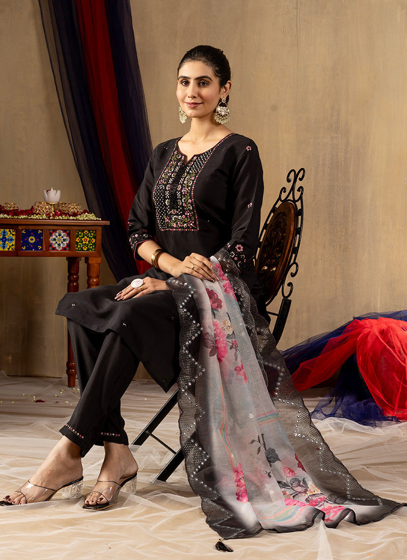 Black Roman Silk Thread Work Salwar Set For Festive