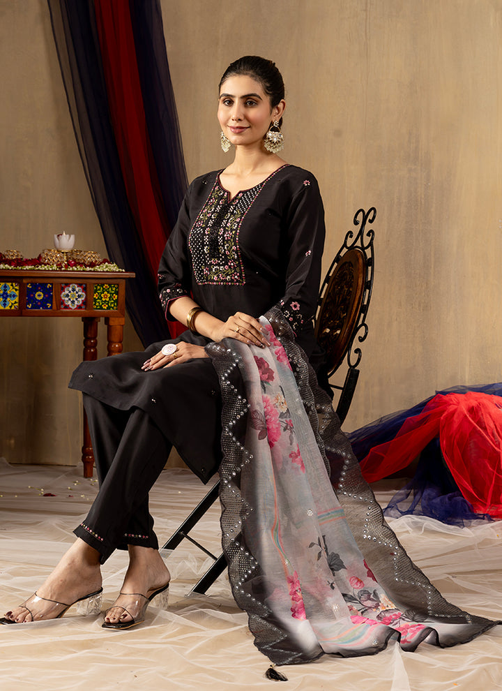 Black Roman Silk Thread Work Salwar Set For Festive
