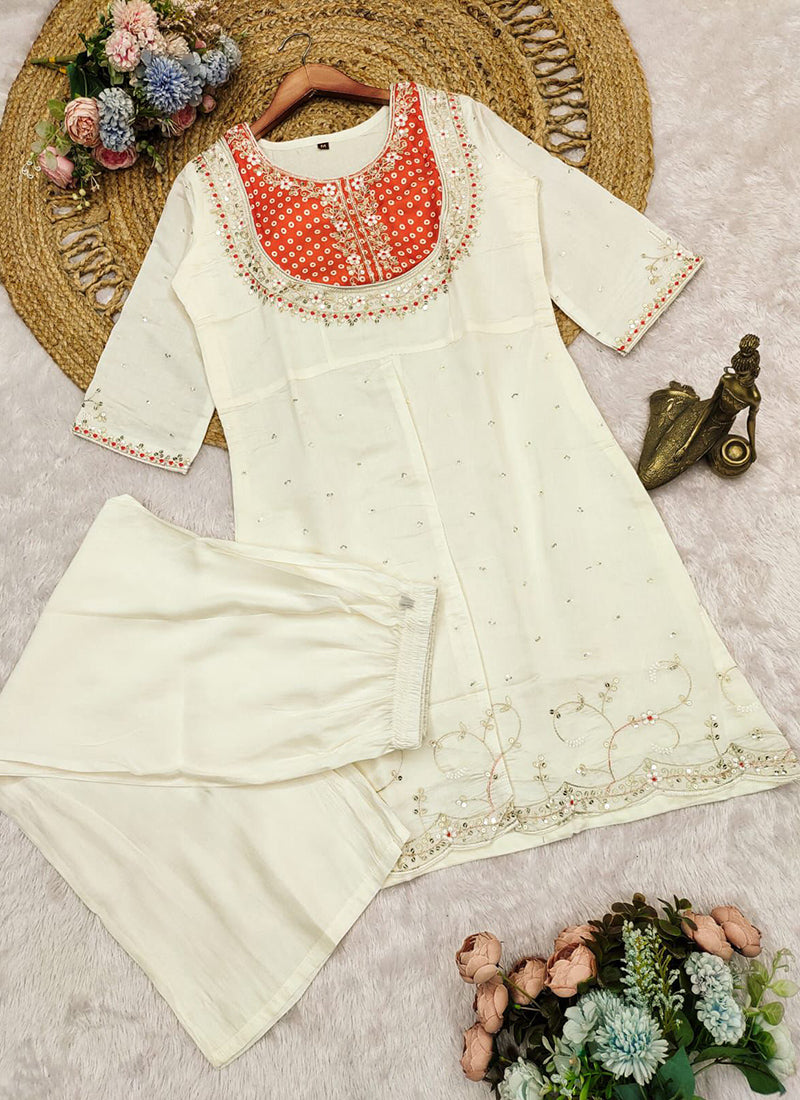 Off White And Orange Embroidered Kurta With Palazzo Pant