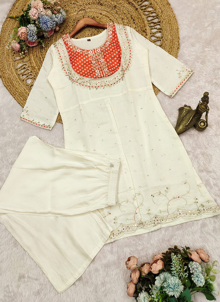 Off White And Orange Embroidered Kurta With Palazzo Pant
