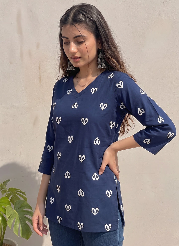 Blue Cotton Printed Office Wear Kurti