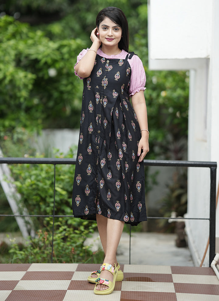 Foil Printed Black Rayon Dungaree Dress