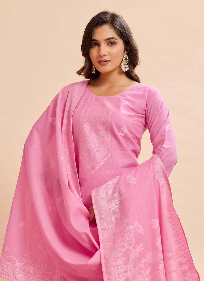 Candy Pink Pure Cotton Jacquard Kurta Set