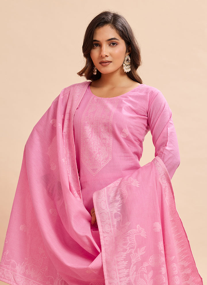 Candy Pink Pure Cotton Jacquard Kurta Set