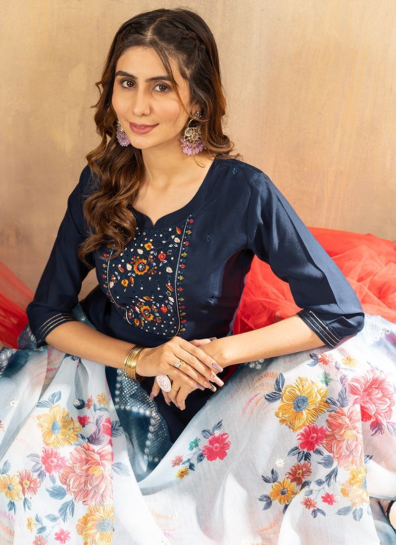 Blue Viscose Silk Thread Embroidered Kurta Set