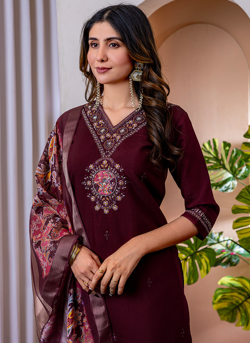 Wine Viscose Silk Embroidered V-Neck Salwar Suit