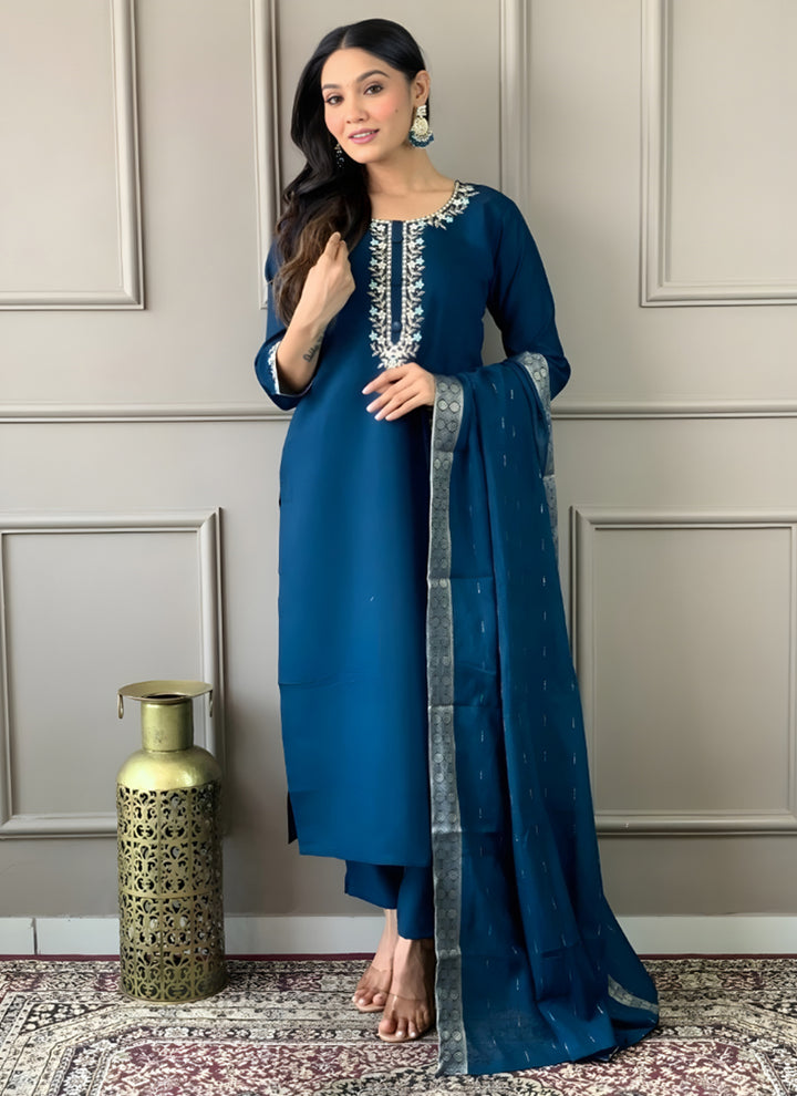 Peacock Blue Rayon Slub Embroidered Festive Kurta Set