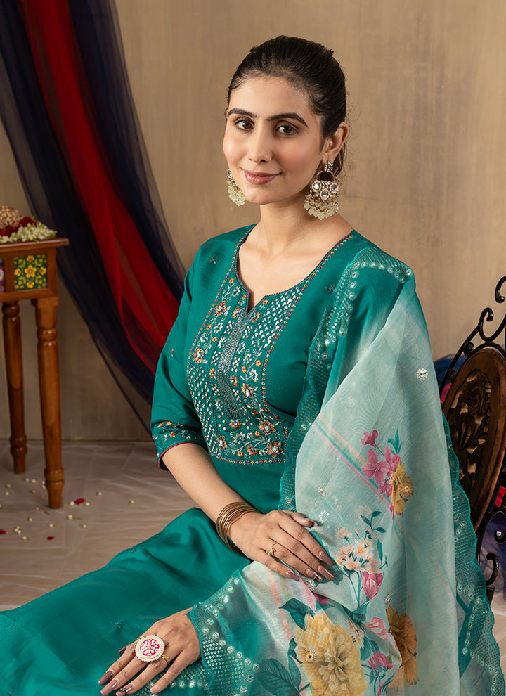 Roman Silk Teal Thread Work Salwar Set For Ceremonial