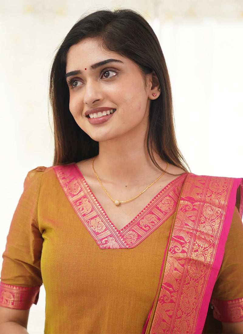 Mustard Kanchi Cotton Woven V-Neck Casual Kurta Set