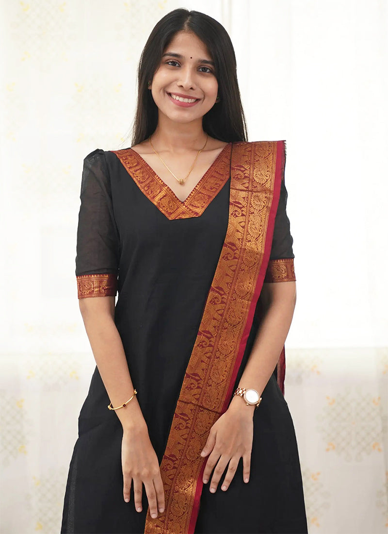 Black Kanchi Cotton Woven V-Neck Casual Kurta Set