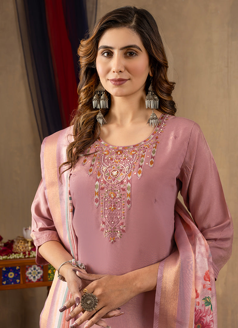 Onion Pink Shimmer Silk Embroidered Kurta Set For Ceremonial