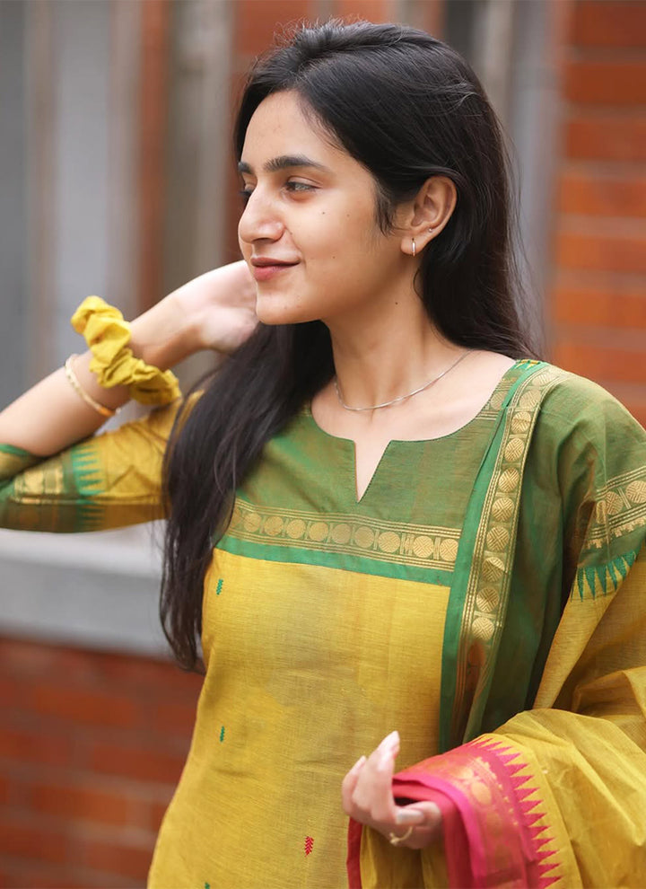 Lemon Yellow Cotton Woven Festive Wear Kurta And Dupatta