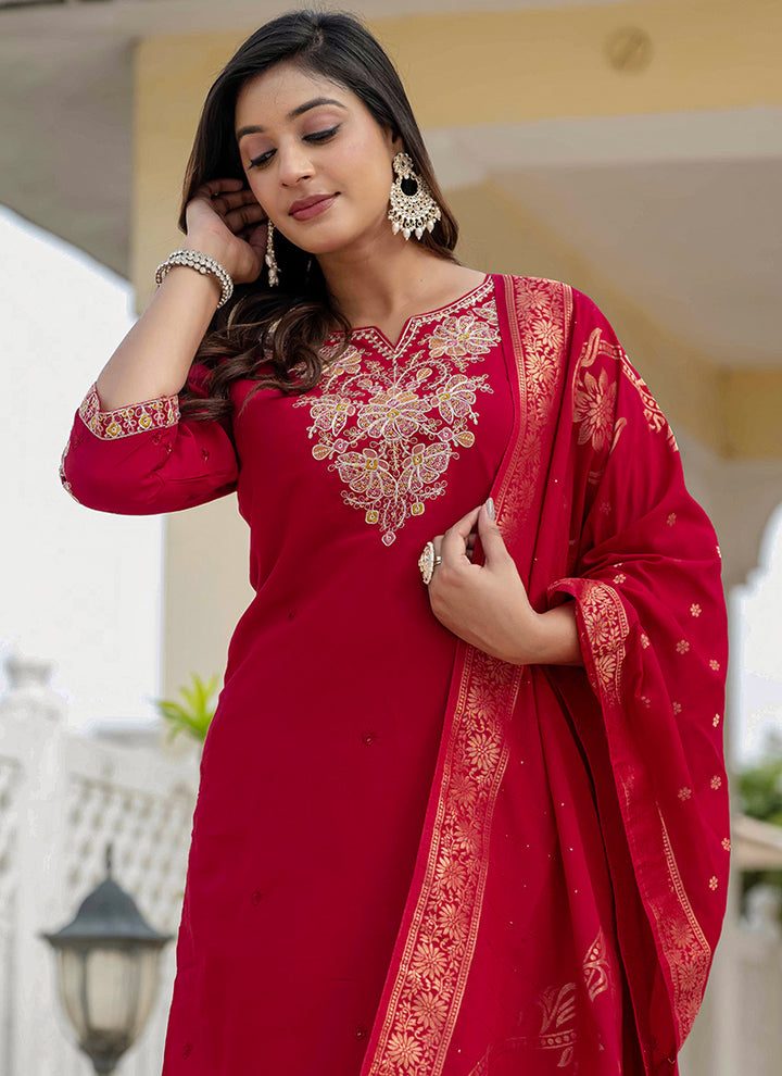 Maroon Embroidered Roman Silk Festive Kurta Set