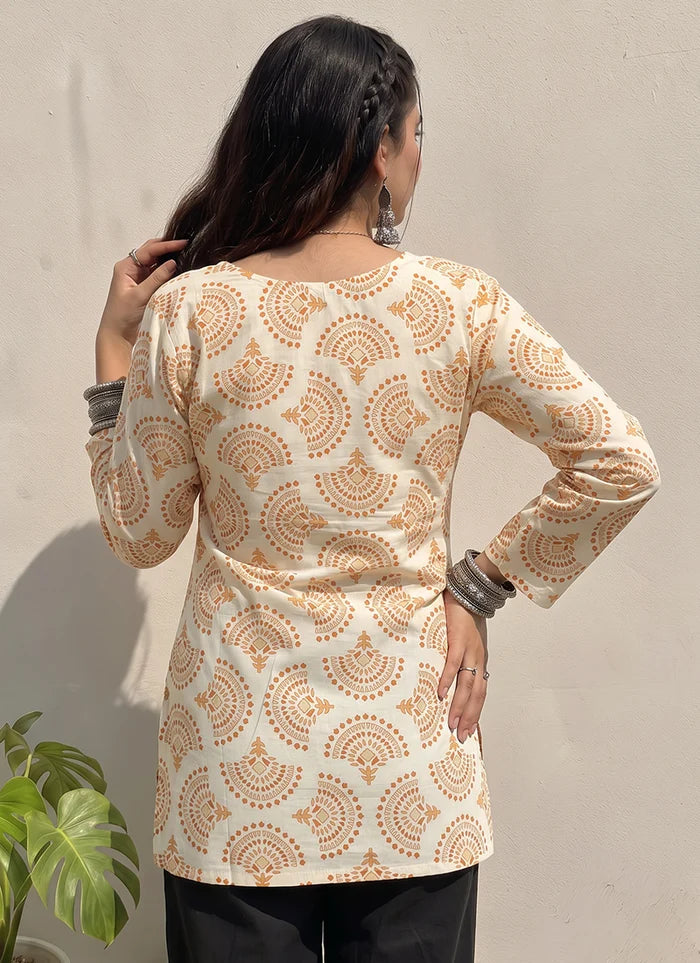Off White Cotton Printed V Neck Office Wear Kurti
