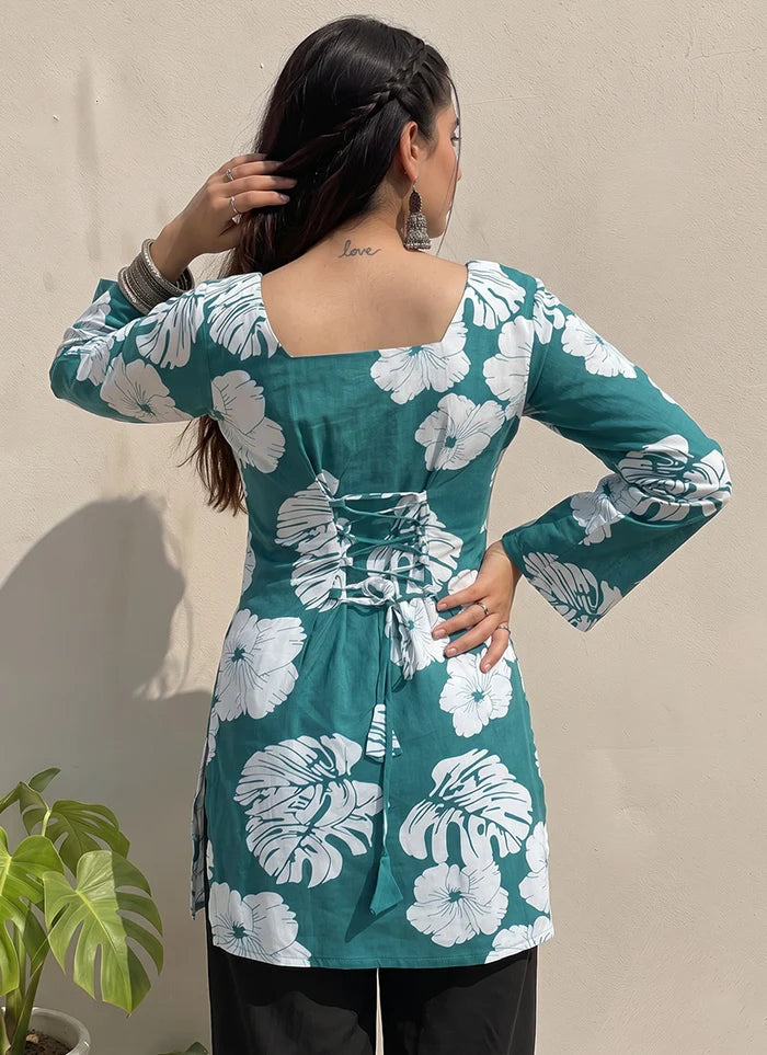 Teal Green Floral Printed Square Neck Cotton Kurti