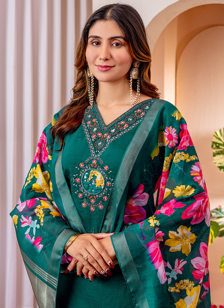 Green Viscose Silk V-Neck Embroidered Salwar Suit