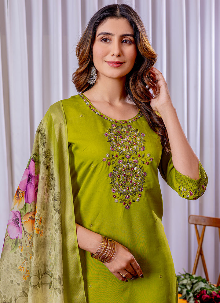 Parrot Green Viscose Silk Salwar Set For Festive