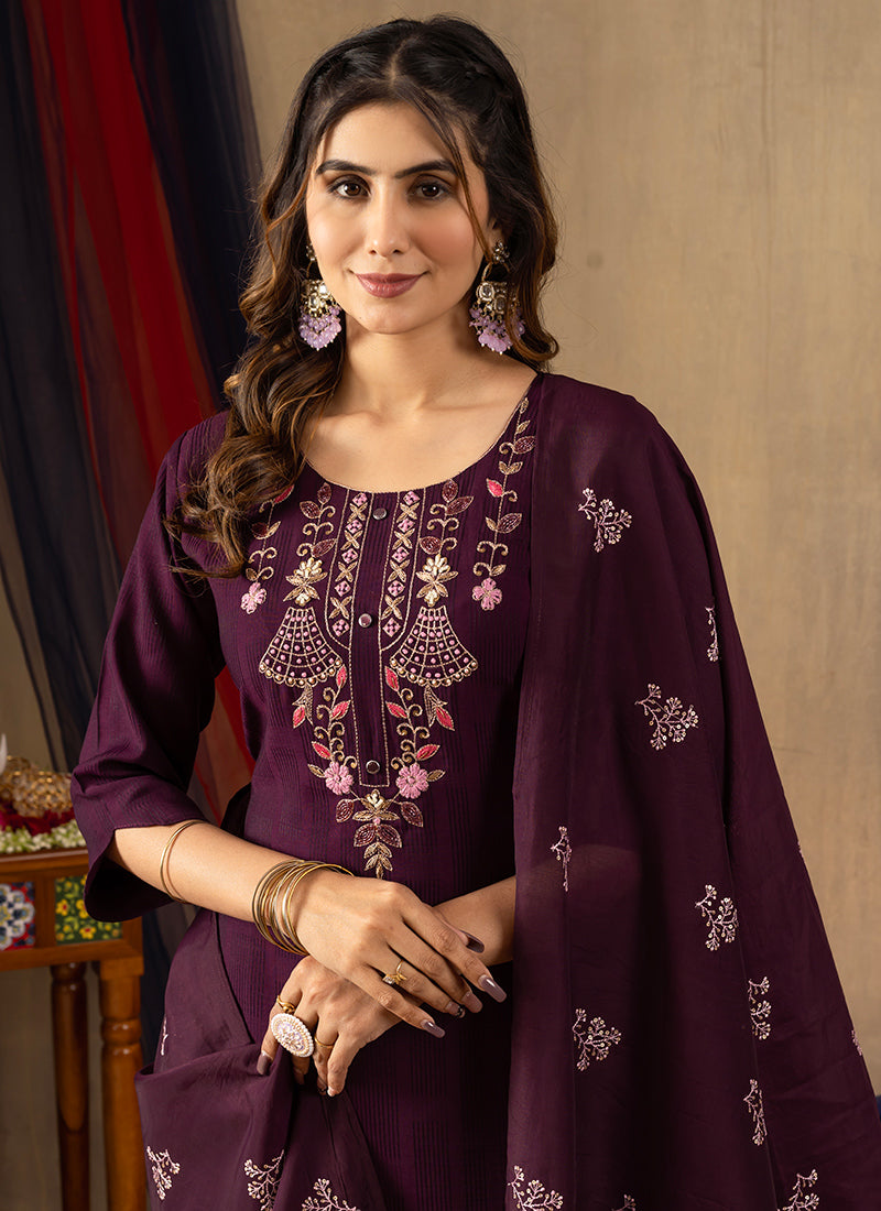Wine Viscose Thread Embroidered Kurta Set