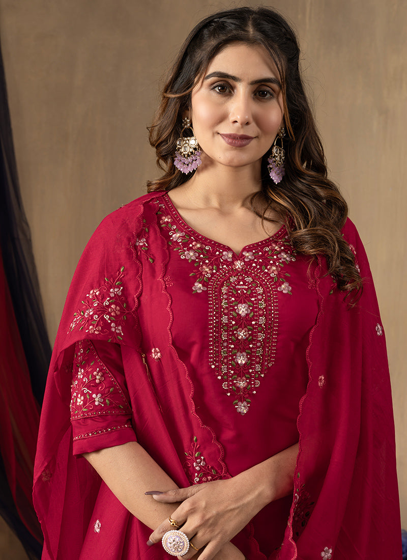 Rani Pink Roman Silk Thread Embroidered Kurta Set
