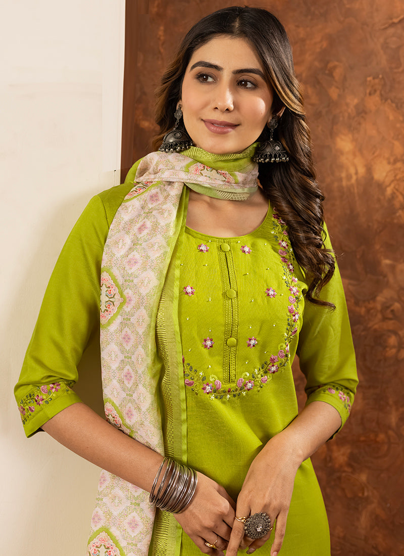 Green Embroidered Marina Silk Kurta Set