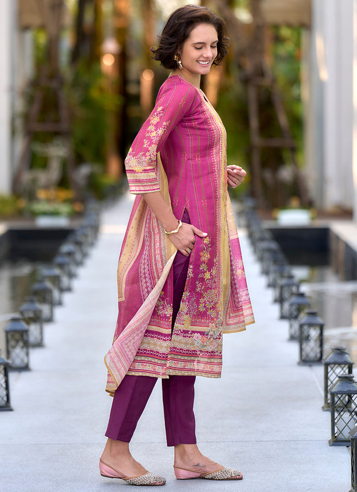 Pink Printed Silk Blend Casual Kurta Set