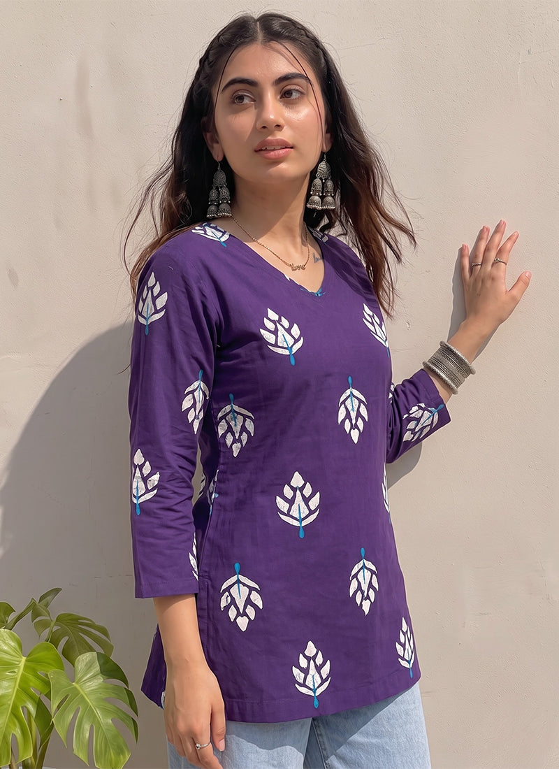 Purple Cotton Printed V Neck OutWear Kurti