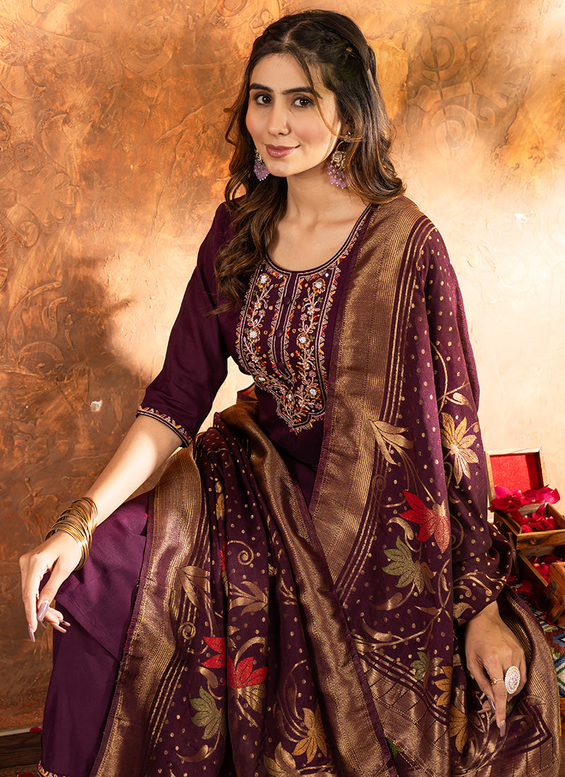 Wine Marian Silk Thread Work Kurta Set