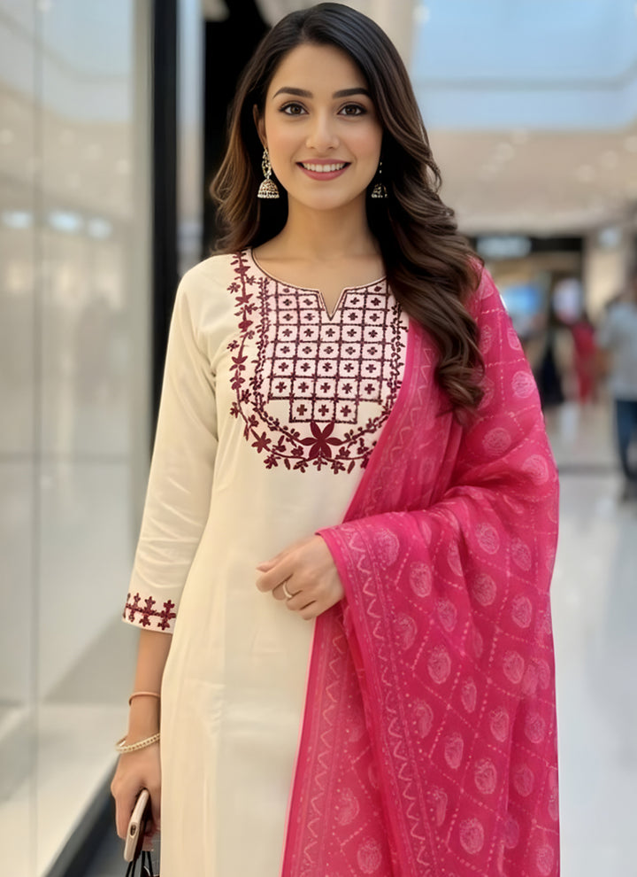 White Rayon Embroidered Straight Kurta Set