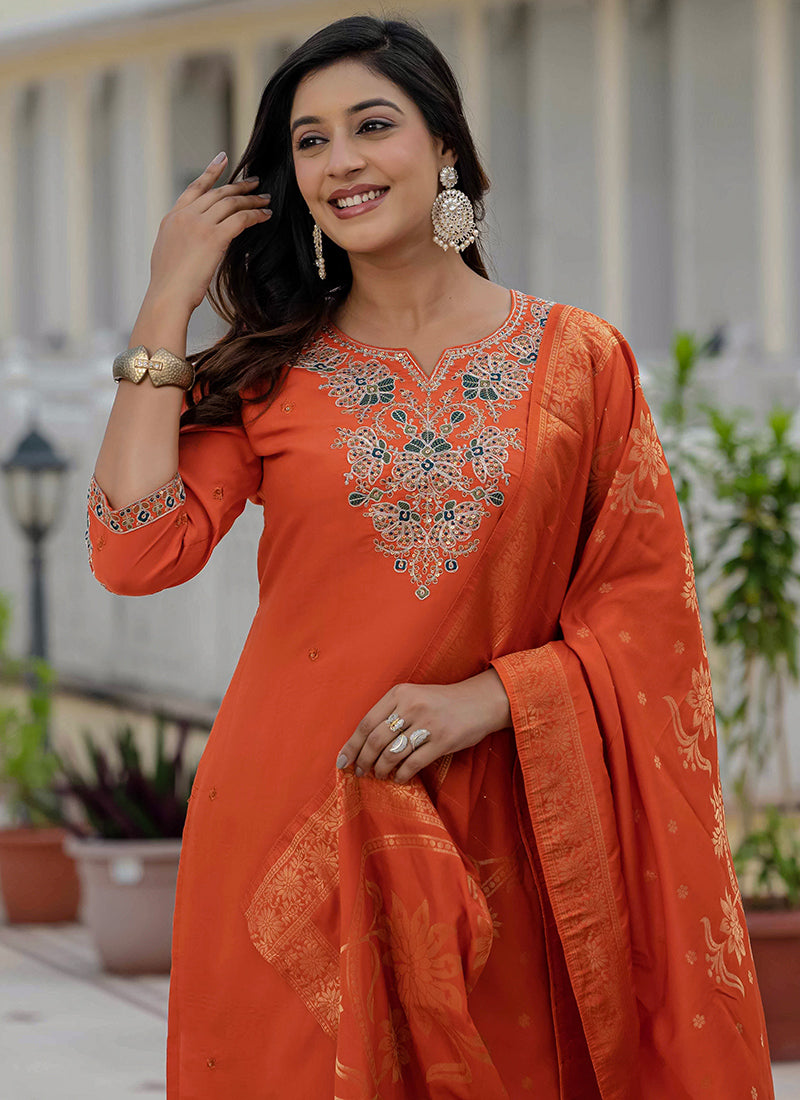 Orange Roman Silk Embroidered Kurta Set For Festive