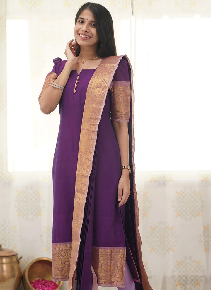 Purple Kanchi Cotton Woven Kurta And Dupatta For Casual Wear
